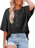 Three-quarter sleeve casual button-down crew neck T-shirt