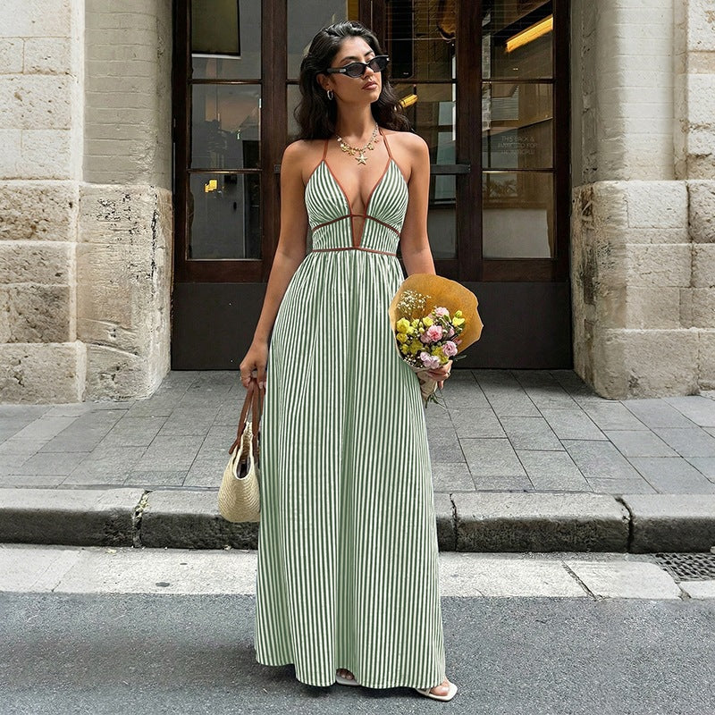 Women's Striped Halter Maxi Dress - Plunge Neck Cutout Vacation Dress