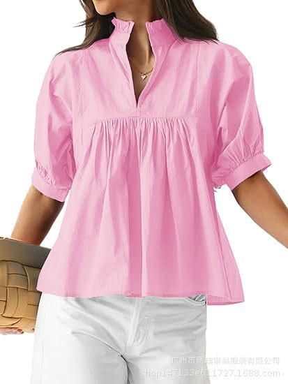 Women's V-neck loose casual pleated mid-sleeve top