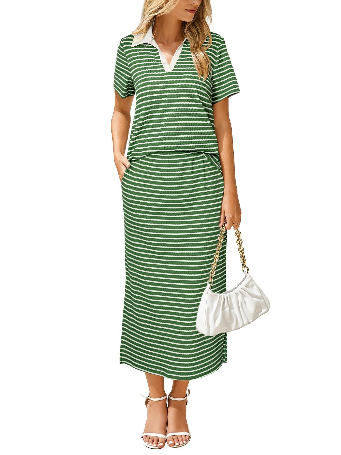 Casual collared T-shirt and slit skirt 2-piece set