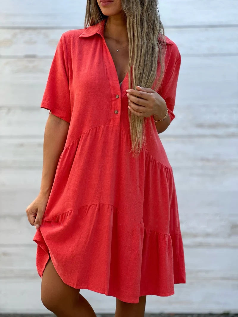 Collared Casual Short-Sleeved Cotton Linen Dress