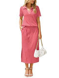 Casual collared T-shirt and slit skirt 2-piece set