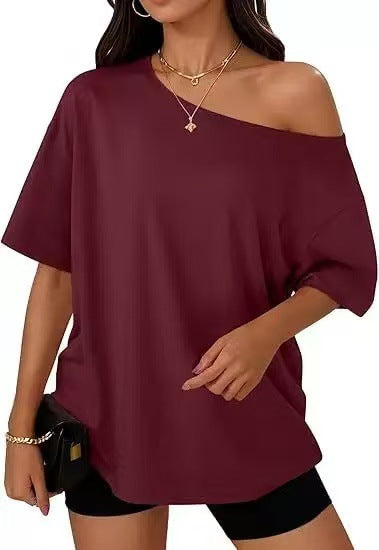Loose-fitting, off-shoulder solid color t-shirt