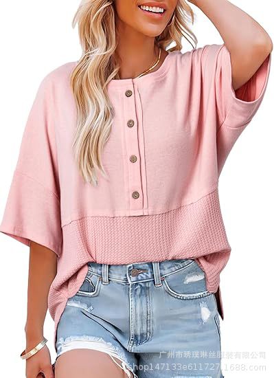 Three-quarter sleeve casual button-down crew neck T-shirt
