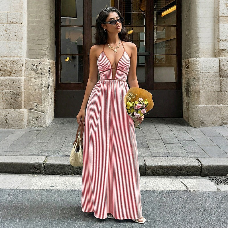 Women's Striped Halter Maxi Dress - Plunge Neck Cutout Vacation Dress