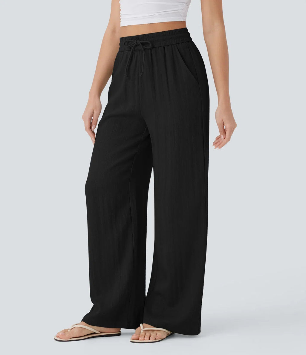 High-waisted drawstring side pocket wide-leg casual linen pants