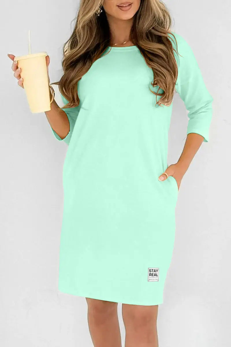 ✨🔥Women’s Crew Neck 3/4 Sleeve Side Pocket Loose T-Shirt Mini Dress💕