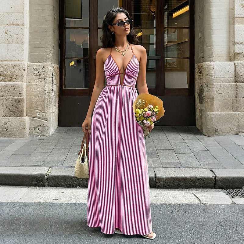 Women's Striped Halter Maxi Dress - Plunge Neck Cutout Vacation Dress