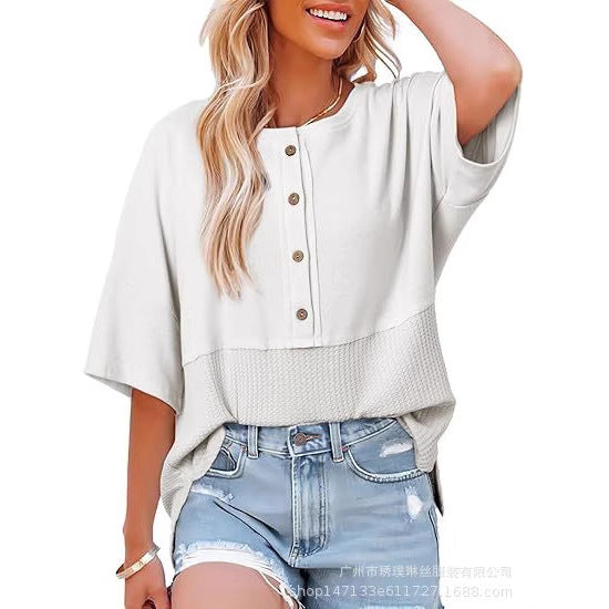 Three-quarter sleeve casual button-down crew neck T-shirt