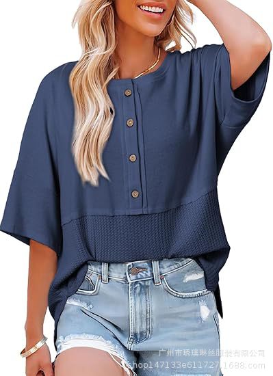 Three-quarter sleeve casual button-down crew neck T-shirt