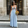Women's Striped Halter Maxi Dress - Plunge Neck Cutout Vacation Dress