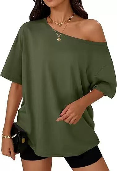 Loose-fitting, off-shoulder solid color t-shirt