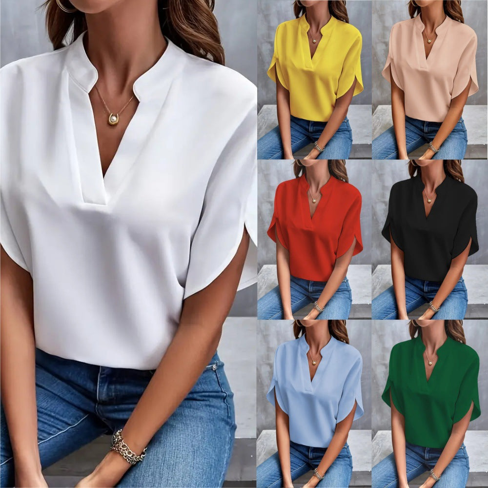 Summer casual solid color V-neck loose shirt top