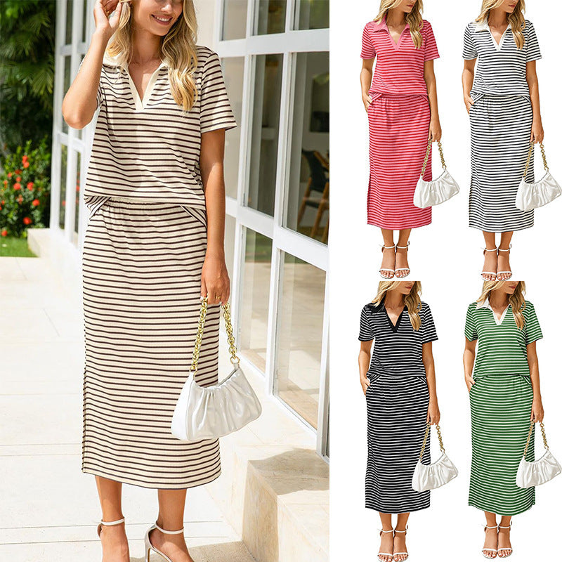 Casual collared T-shirt and slit skirt 2-piece set