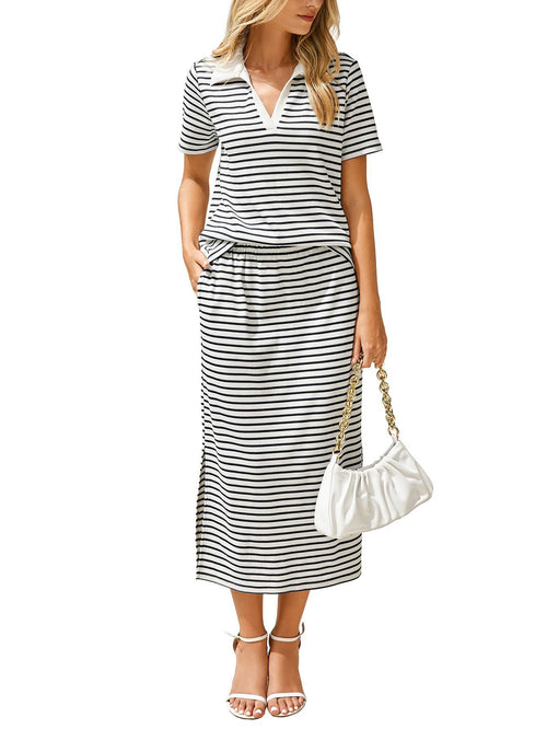 Casual collared T-shirt and slit skirt 2-piece set