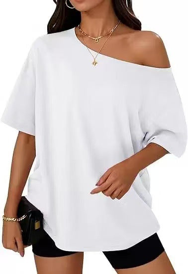 Loose-fitting, off-shoulder solid color t-shirt