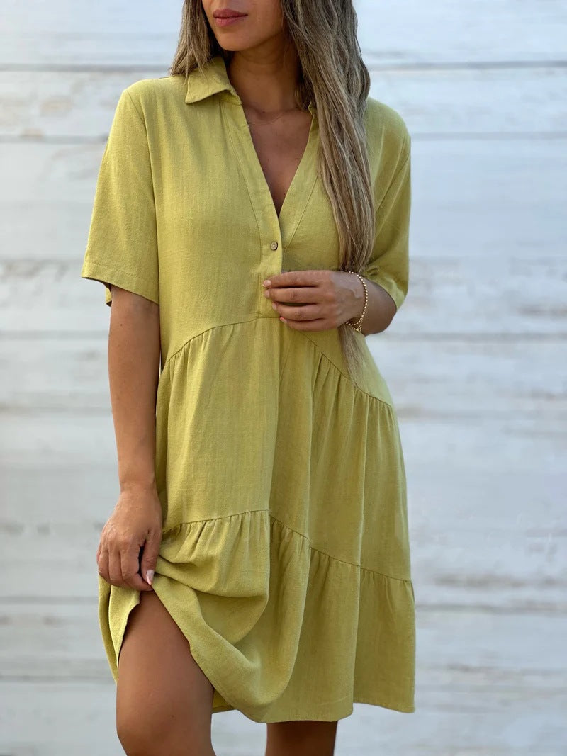 Collared Casual Short-Sleeved Cotton Linen Dress