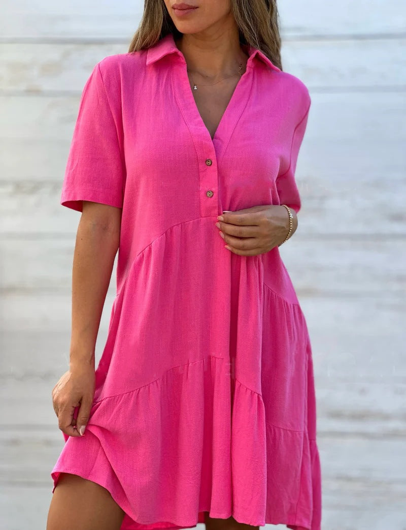 Collared Casual Short-Sleeved Cotton Linen Dress