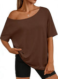 Loose-fitting, off-shoulder solid color t-shirt