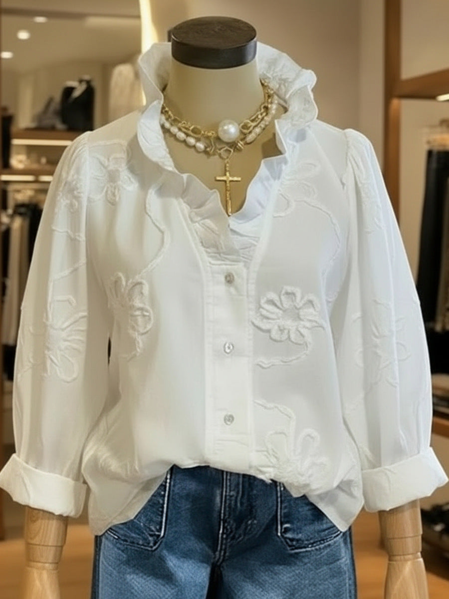 Sweet cotton-linen shirt with lace print