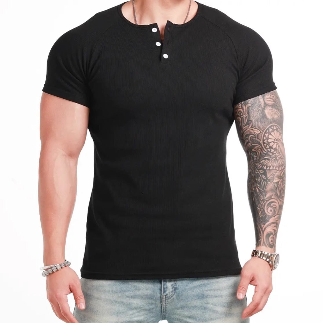 American style Henley short-sleeved tight-fitting T-shirt