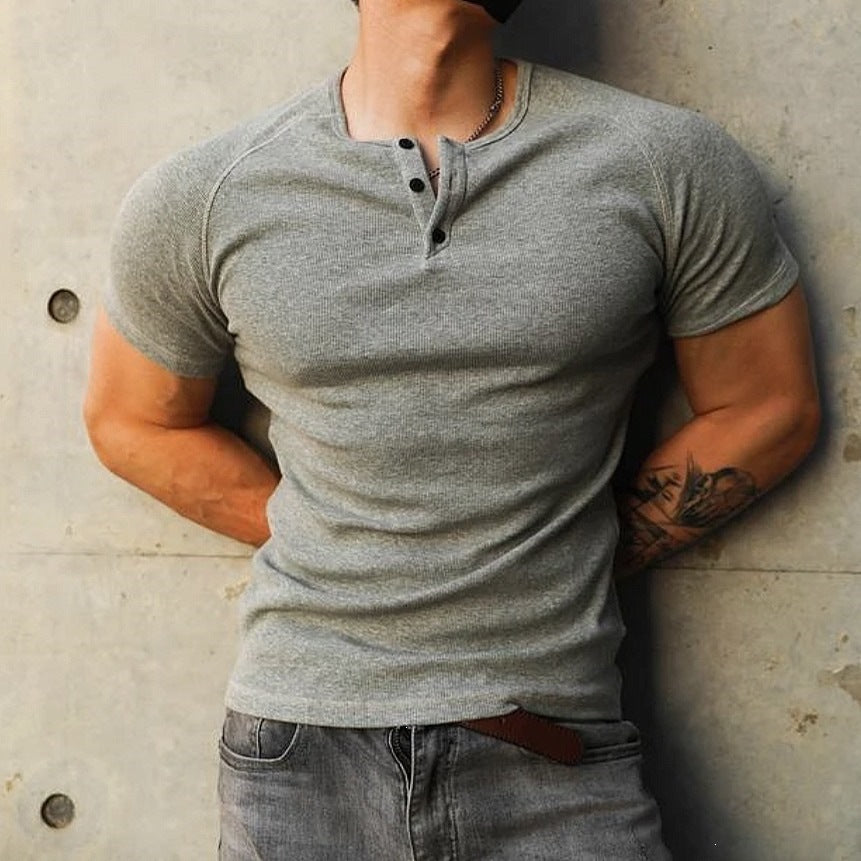 American style Henley short-sleeved tight-fitting T-shirt