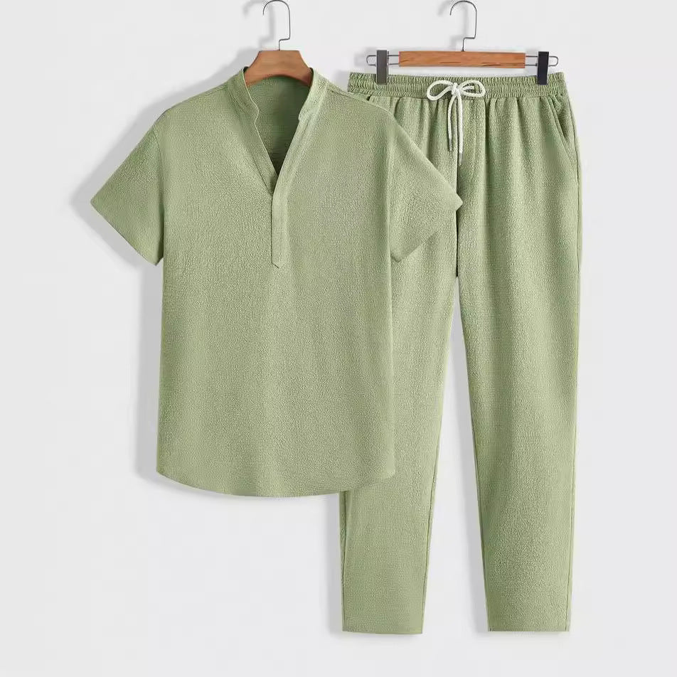 Casual sportswear set, short-sleeved shirt and trousers, solid color