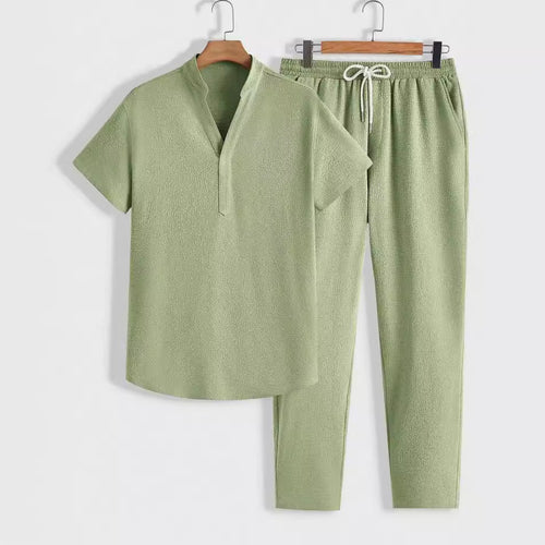 Casual sportswear set, short-sleeved shirt and trousers, solid color