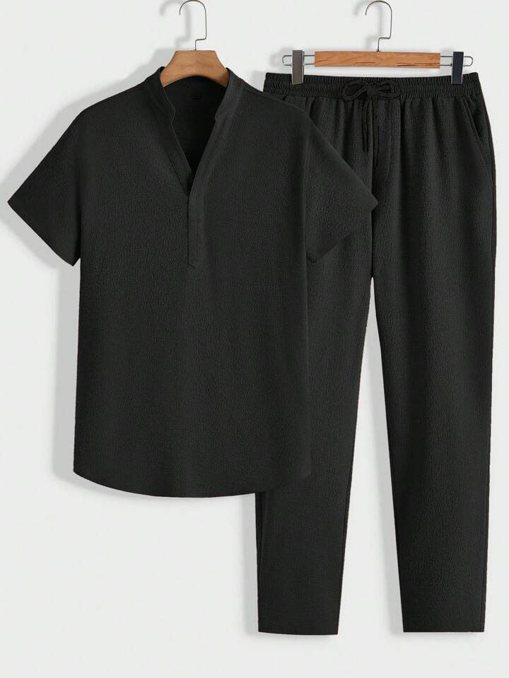 Casual sportswear set, short-sleeved shirt and trousers, solid color