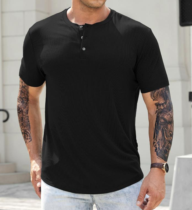 American style Henley short-sleeved tight-fitting T-shirt