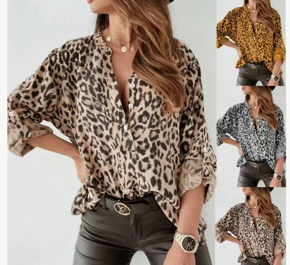 Leopard print V-neck button-down shirt