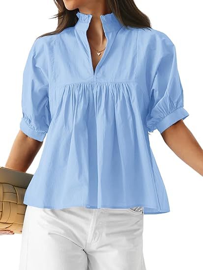 Women's V-neck loose casual pleated mid-sleeve top