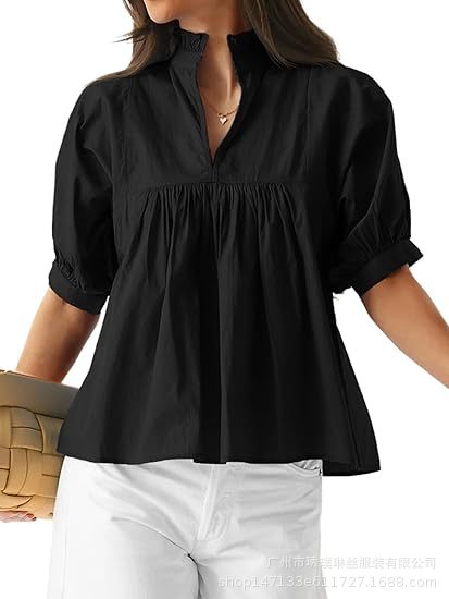 Women's V-neck loose casual pleated mid-sleeve top
