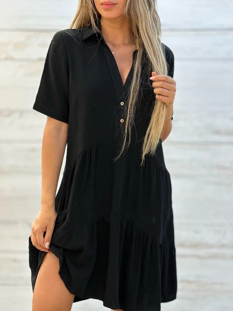 Collared Casual Short-Sleeved Cotton Linen Dress