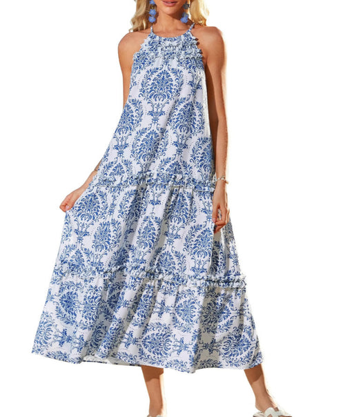Fashionable printed color-blocked dress