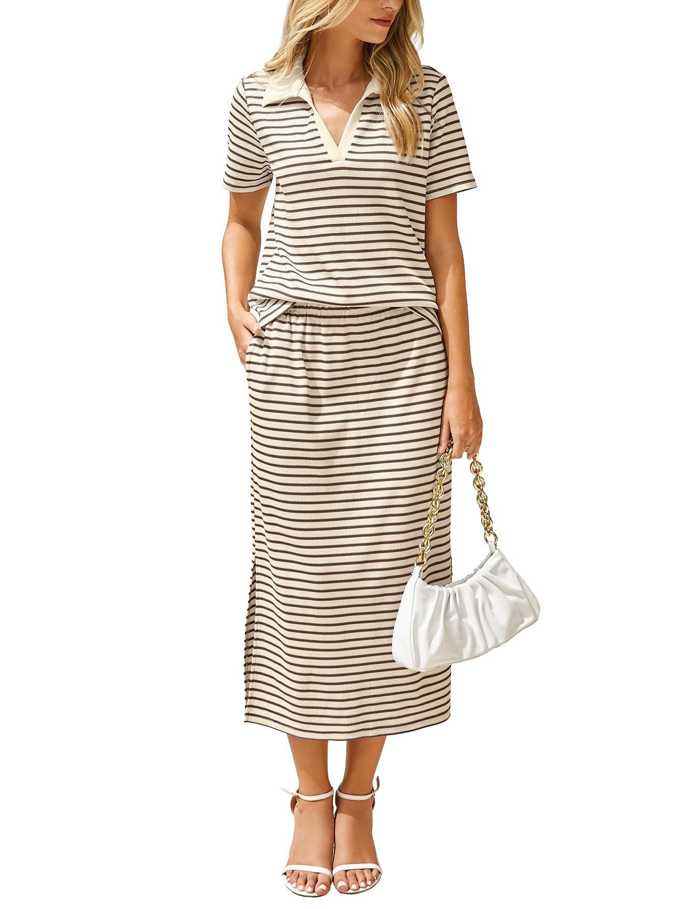 Casual collared T-shirt and slit skirt 2-piece set