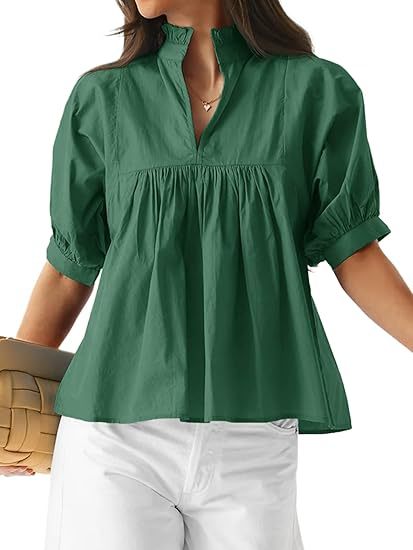 Women's V-neck loose casual pleated mid-sleeve top