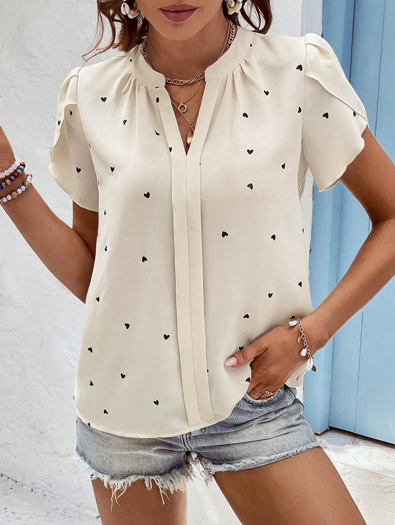 Summer V-neck heart petal sleeve shirt