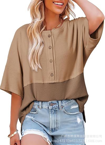Three-quarter sleeve casual button-down crew neck T-shirt