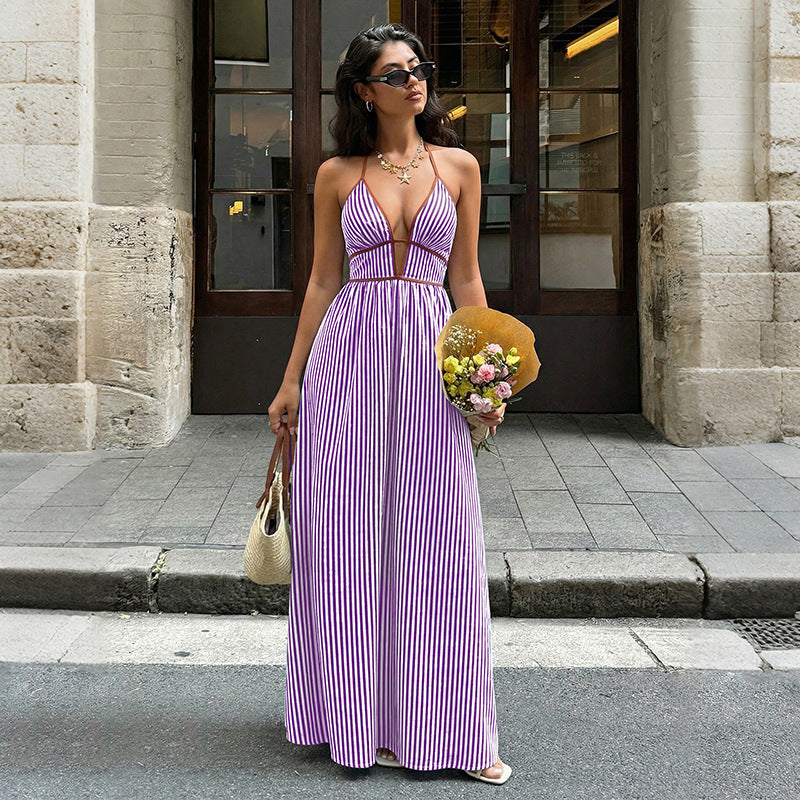 Women's Striped Halter Maxi Dress - Plunge Neck Cutout Vacation Dress