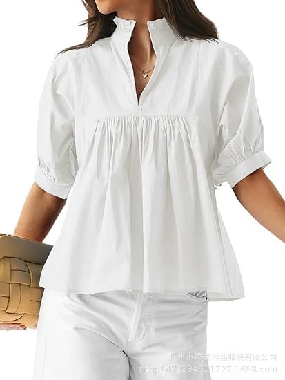 Women's V-neck loose casual pleated mid-sleeve top