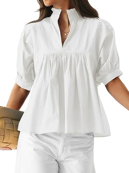 Women's V-neck loose casual pleated mid-sleeve top