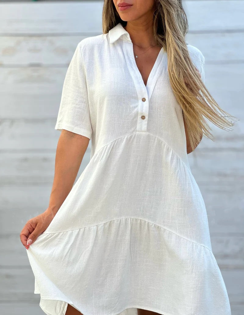 Collared Casual Short-Sleeved Cotton Linen Dress