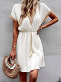 Solid color short-sleeved lace V-neck fitted dress