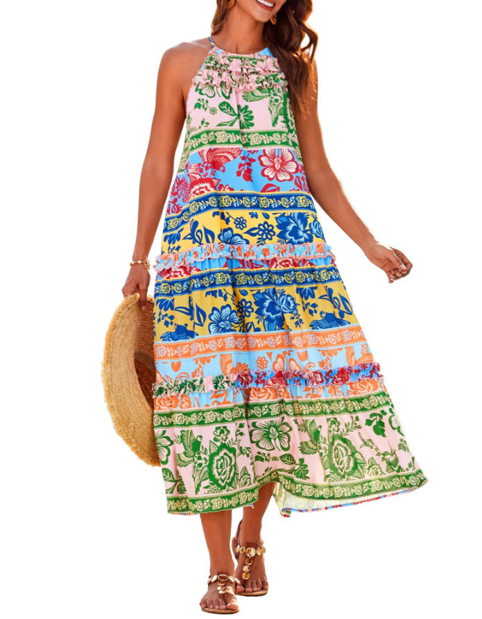 Fashionable printed color-blocked dress