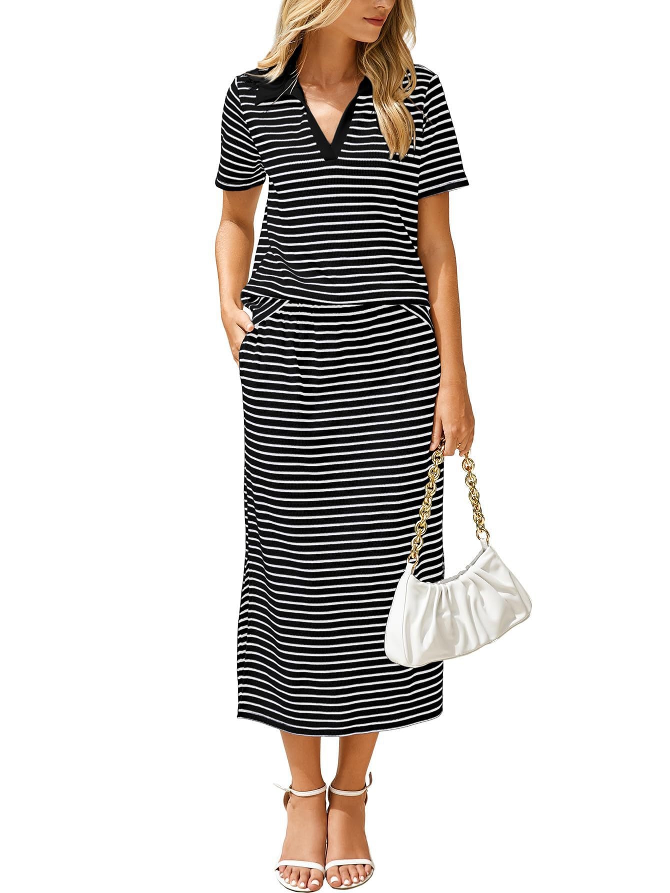 Casual collared T-shirt and slit skirt 2-piece set