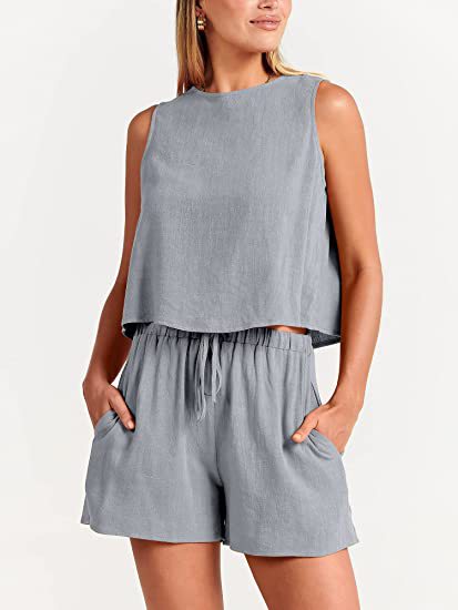 New women's casual sleeveless solid color loose high-waisted shorts two-piece set
