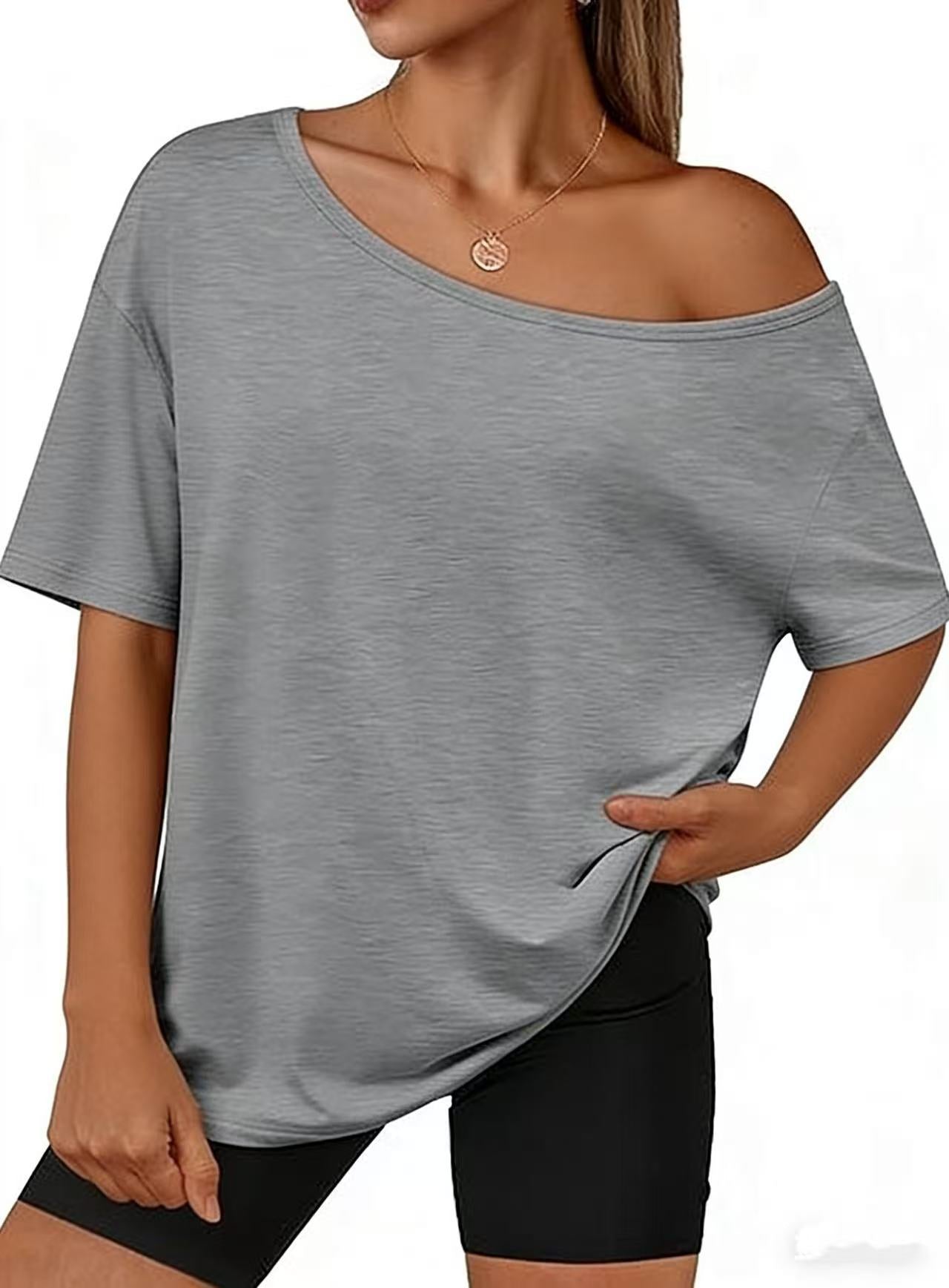 Loose-fitting, off-shoulder solid color t-shirt