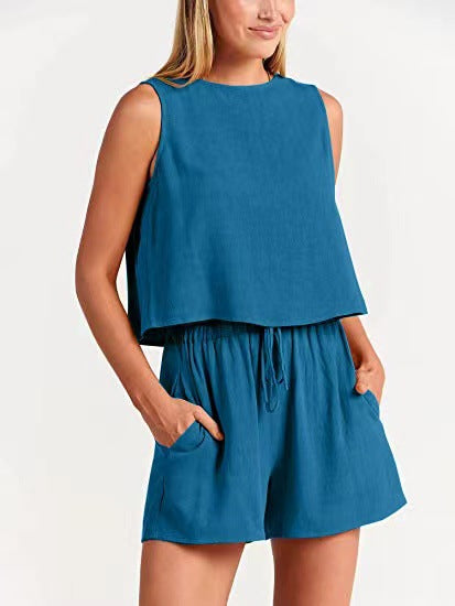 New women's casual sleeveless solid color loose high-waisted shorts two-piece set