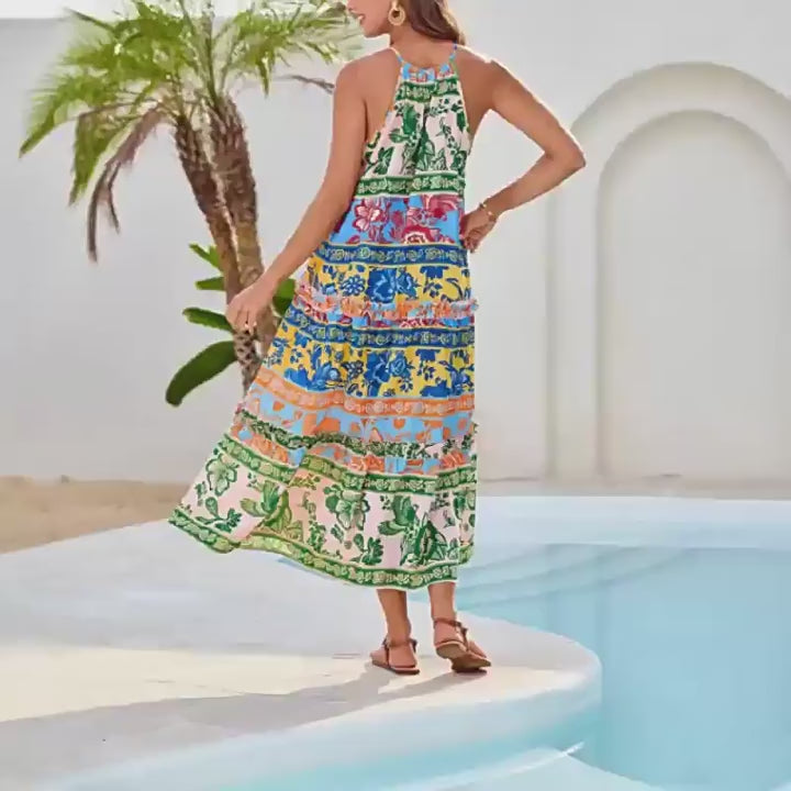 Fashionable printed color-blocked dress